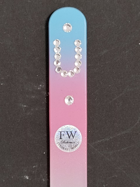 Nagelvijl U, Blauw/Roze – Glazen Vijl met Swarovski "U" Decoratie