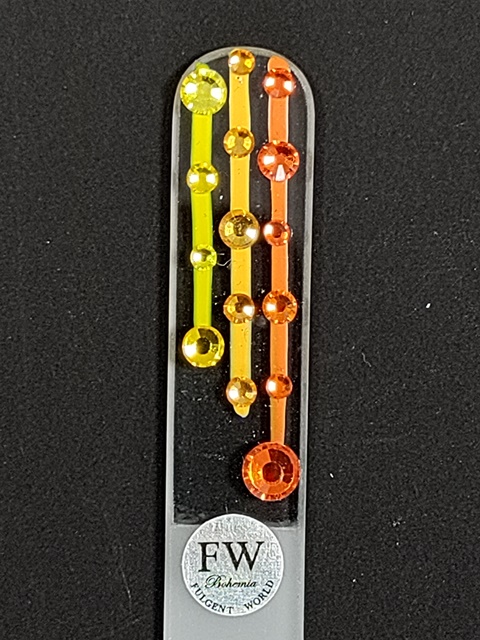 Transparante Glazen Nagelvijl met Gele, Oranje en Rode Strepen en Swarovski Kristallen