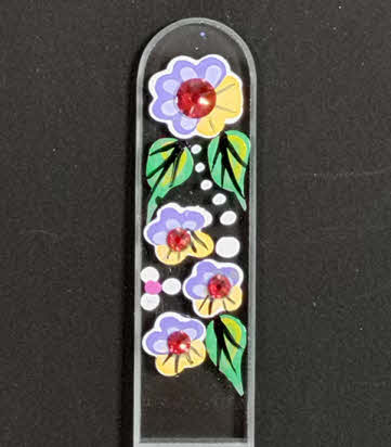 Transparante Nagelvijl met paarse bloemen en kristallen